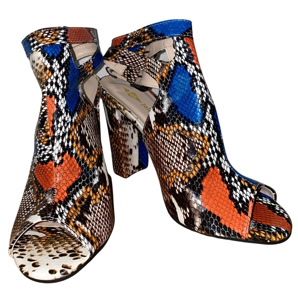 Multi-Colored Snakeskin Open-Toe Booties - image 3